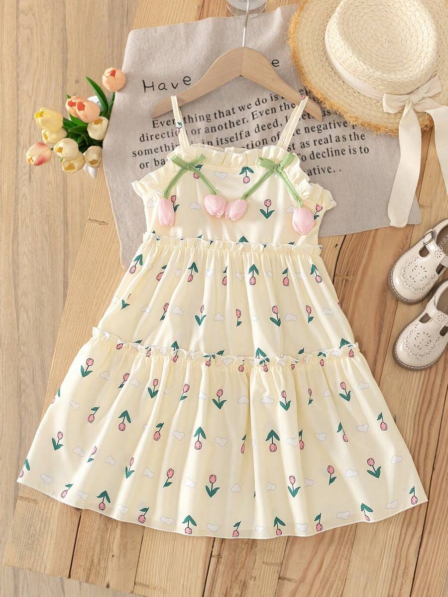 oung Girl Fashion Casual Cute Small Floral Print Ruffle Tiered Shoulder-Strap Loose Straight Dress, Summer