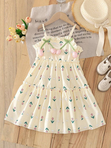 oung Girl Fashion Casual Cute Small Floral Print Ruffle Tiered Shoulder-Strap Loose Straight Dress, Summer