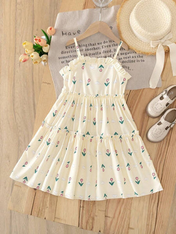 oung Girl Fashion Casual Cute Small Floral Print Ruffle Tiered Shoulder-Strap Loose Straight Dress, Summer