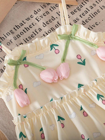 oung Girl Fashion Casual Cute Small Floral Print Ruffle Tiered Shoulder-Strap Loose Straight Dress, Summer