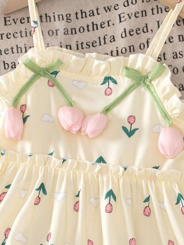 oung Girl Fashion Casual Cute Small Floral Print Ruffle Tiered Shoulder-Strap Loose Straight Dress, Summer