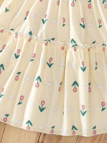 oung Girl Fashion Casual Cute Small Floral Print Ruffle Tiered Shoulder-Strap Loose Straight Dress, Summer