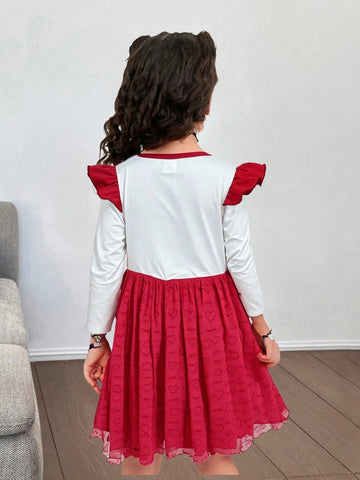 Young Girl Fashion Casual Heart Print Mesh Dress
