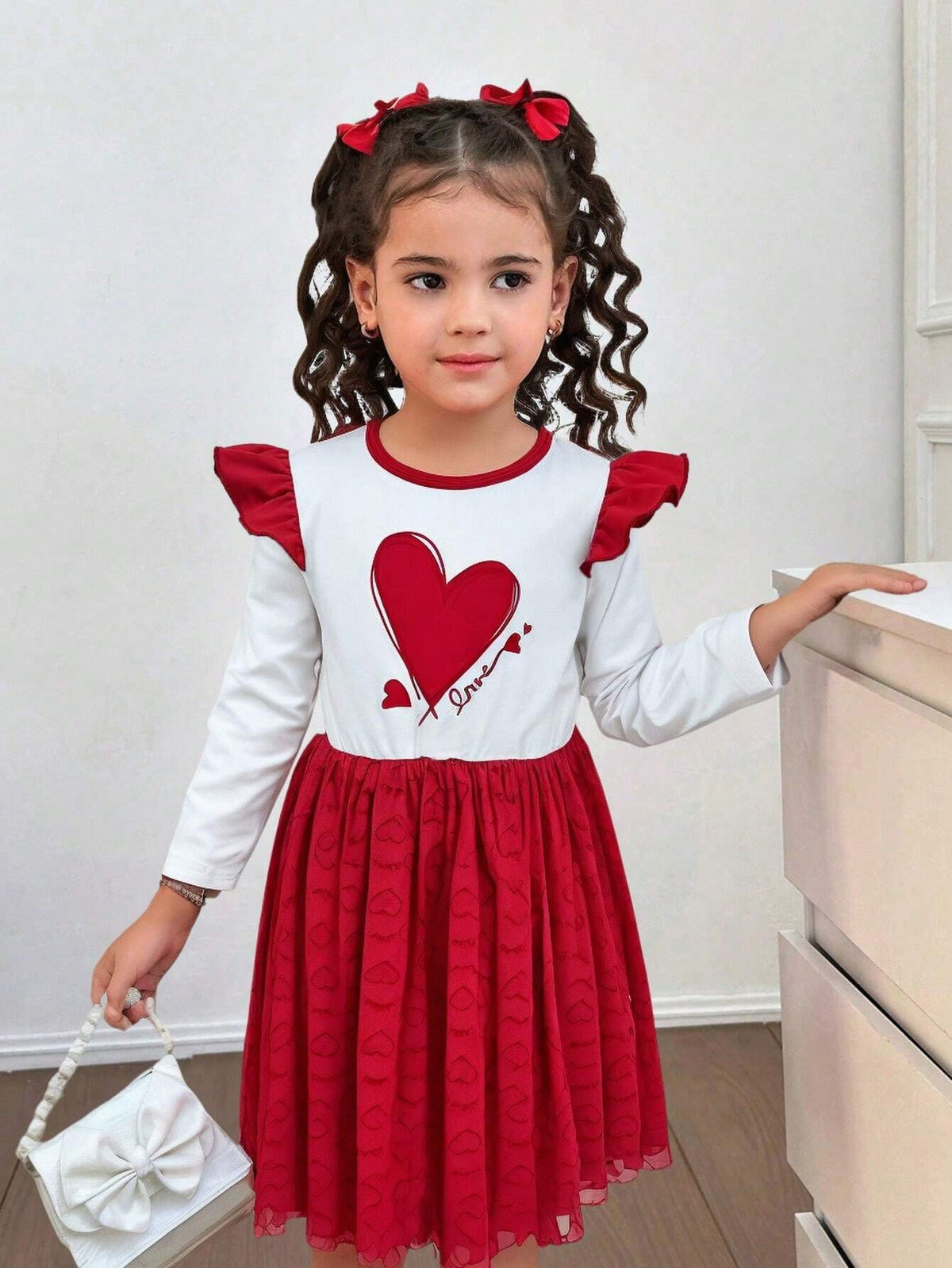 Young Girl Fashion Casual Heart Print Mesh Dress