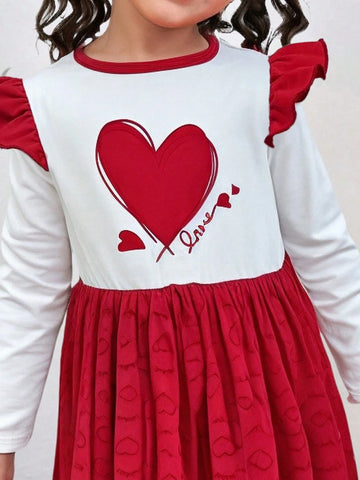 Young Girl Fashion Casual Heart Print Mesh Dress