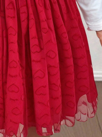 Young Girl Fashion Casual Heart Print Mesh Dress