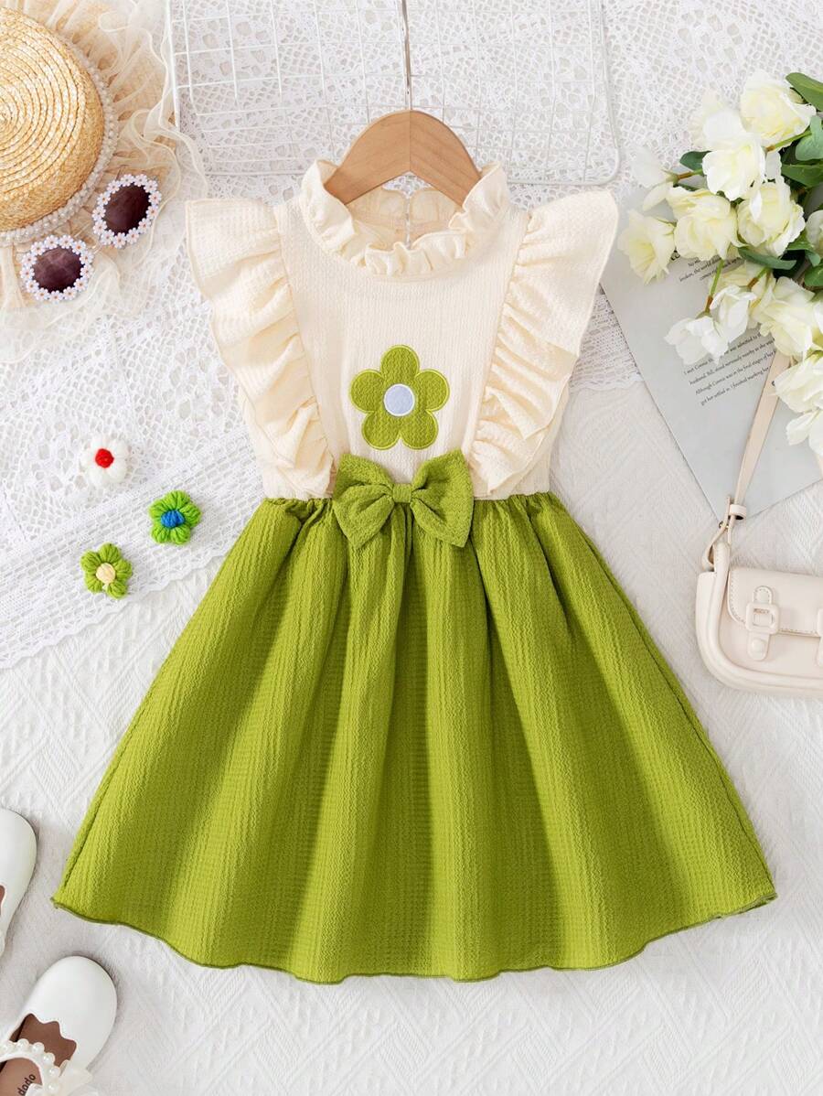 Young Girl Fashion Casual Lace Collar, Sleeveless Floral Embroidery Patchwork Bowknot A-Line Hem Casual Dress, Summer