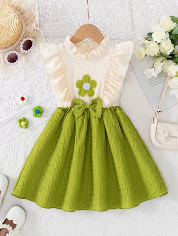 Young Girl Fashion Casual Lace Collar, Sleeveless Floral Embroidery Patchwork Bowknot A-Line Hem Casual Dress, Summer