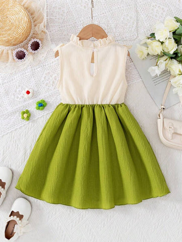 Young Girl Fashion Casual Lace Collar, Sleeveless Floral Embroidery Patchwork Bowknot A-Line Hem Casual Dress, Summer