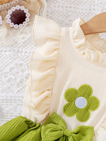 Young Girl Fashion Casual Lace Collar, Sleeveless Floral Embroidery Patchwork Bowknot A-Line Hem Casual Dress, Summer