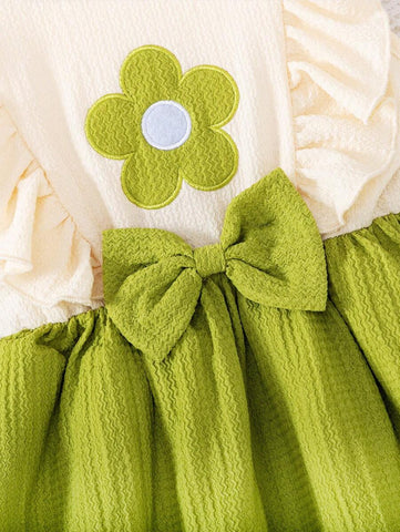 Young Girl Fashion Casual Lace Collar, Sleeveless Floral Embroidery Patchwork Bowknot A-Line Hem Casual Dress, Summer