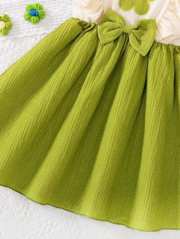 Young Girl Fashion Casual Lace Collar, Sleeveless Floral Embroidery Patchwork Bowknot A-Line Hem Casual Dress, Summer