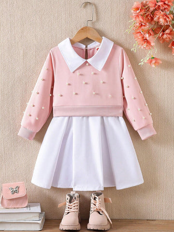 Young Girl Fashion Casual Lapel 2 In 1 Rivet Pearl Decoration Dress