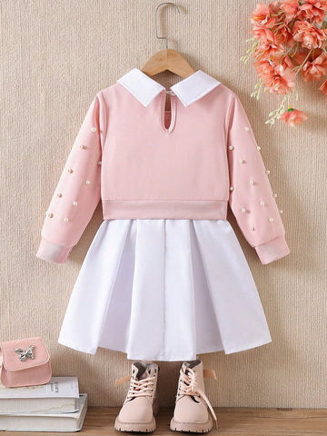 Young Girl Fashion Casual Lapel 2 In 1 Rivet Pearl Decoration Dress