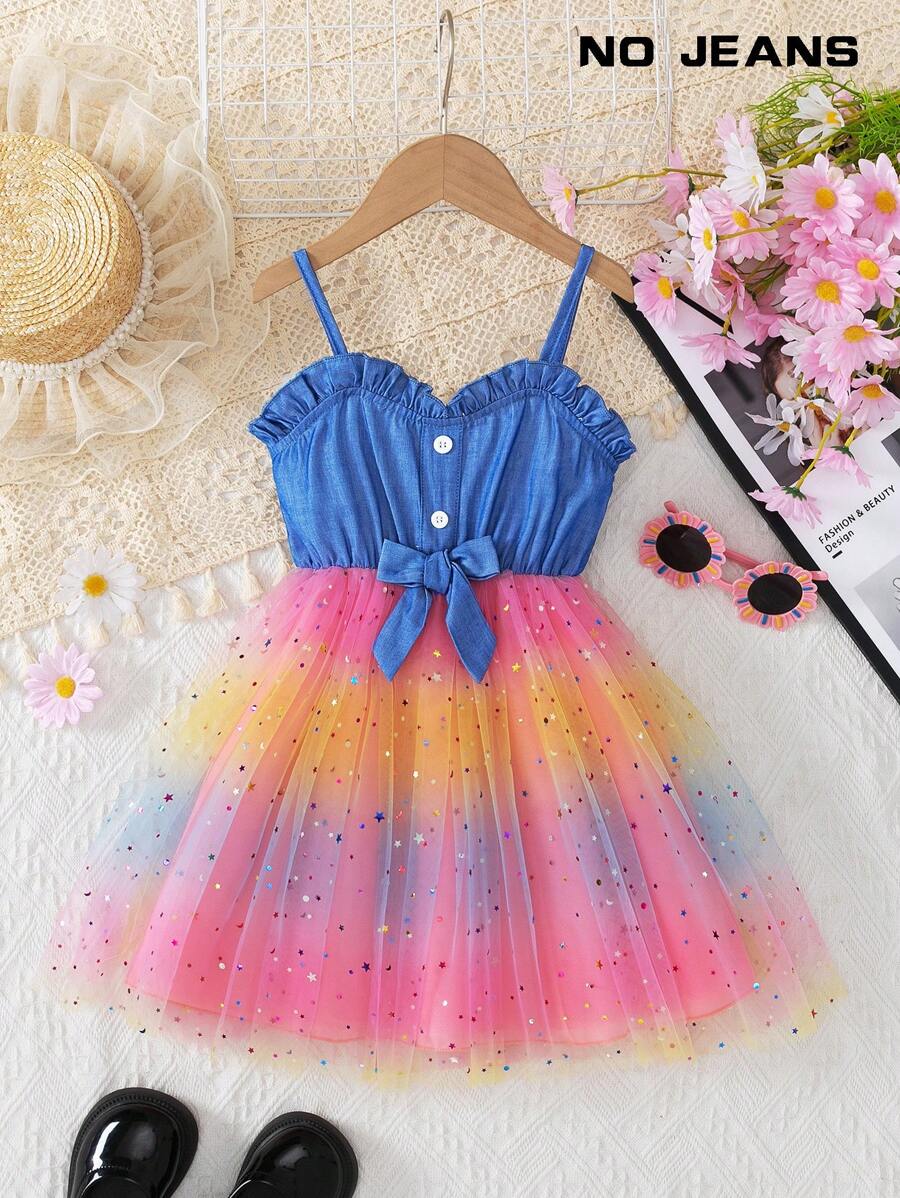 Young Girl Fashion Casual Solid Color Denim Effect Sleeveless Ruffled Collar Backless Strap Bow Splice With Lining & Starry Net Mesh Dress