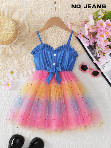 Young Girl Fashion Casual Solid Color Denim Effect Sleeveless Ruffled Collar Backless Strap Bow Splice With Lining & Starry Net Mesh Dress