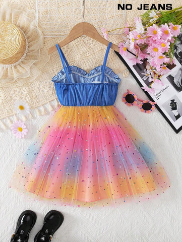 Young Girl Fashion Casual Solid Color Denim Effect Sleeveless Ruffled Collar Backless Strap Bow Splice With Lining & Starry Net Mesh Dress
