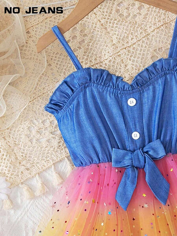 Young Girl Fashion Casual Solid Color Denim Effect Sleeveless Ruffled Collar Backless Strap Bow Splice With Lining & Starry Net Mesh Dress