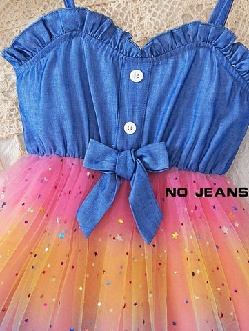 Young Girl Fashion Casual Solid Color Denim Effect Sleeveless Ruffled Collar Backless Strap Bow Splice With Lining & Starry Net Mesh Dress