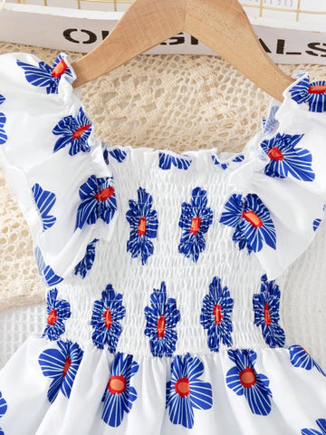 Young Girl Fashion Casual Sports Woven Allover Floral Print Sleeveless Dress