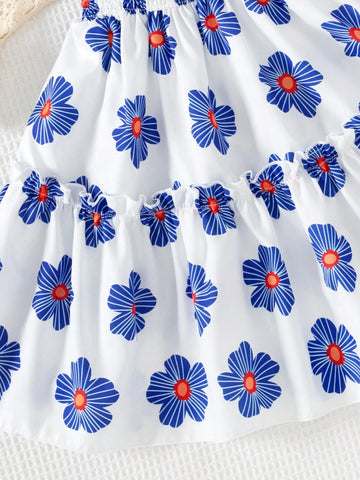 Young Girl Fashion Casual Sports Woven Allover Floral Print Sleeveless Dress