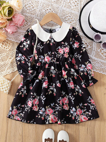Young Girl Fashion Casual Woven Rainbow Floral Print Ruffle Cuff Long Sleeve Round Collar A-Line Dress, Suitable For Home And Outdoor Wear, Spring/Autumn