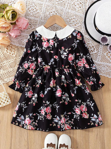 Young Girl Fashion Casual Woven Rainbow Floral Print Ruffle Cuff Long Sleeve Round Collar A-Line Dress, Suitable For Home And Outdoor Wear, Spring/Autumn