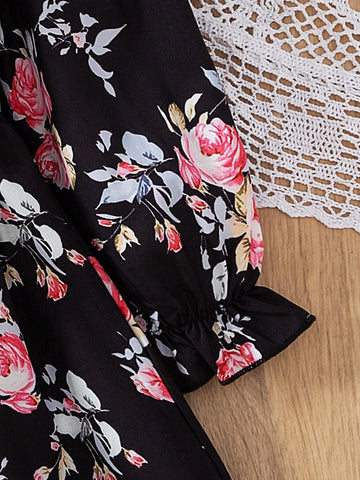 Young Girl Fashion Casual Woven Rainbow Floral Print Ruffle Cuff Long Sleeve Round Collar A-Line Dress, Suitable For Home And Outdoor Wear, Spring/Autumn