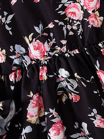 Young Girl Fashion Casual Woven Rainbow Floral Print Ruffle Cuff Long Sleeve Round Collar A-Line Dress, Suitable For Home And Outdoor Wear, Spring/Autumn