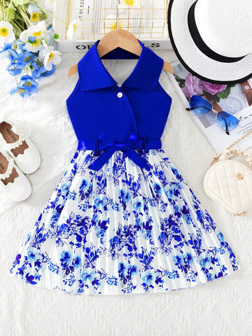 Young Girl Fashion Casual Woven Solid Color Backless Snap-Button Neck Polo Collar Top With Pleated Floral Skirt Hem And Waist Belt, Everyday/Outdoor Summer Dress