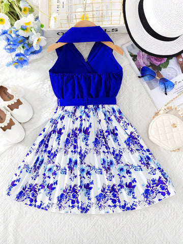 Young Girl Fashion Casual Woven Solid Color Backless Snap-Button Neck Polo Collar Top With Pleated Floral Skirt Hem And Waist Belt, Everyday/Outdoor Summer Dress