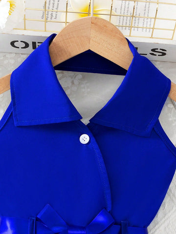 Young Girl Fashion Casual Woven Solid Color Backless Snap-Button Neck Polo Collar Top With Pleated Floral Skirt Hem And Waist Belt, Everyday/Outdoor Summer Dress