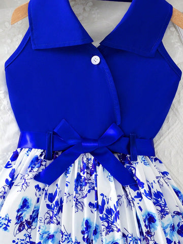 Young Girl Fashion Casual Woven Solid Color Backless Snap-Button Neck Polo Collar Top With Pleated Floral Skirt Hem And Waist Belt, Everyday/Outdoor Summer Dress