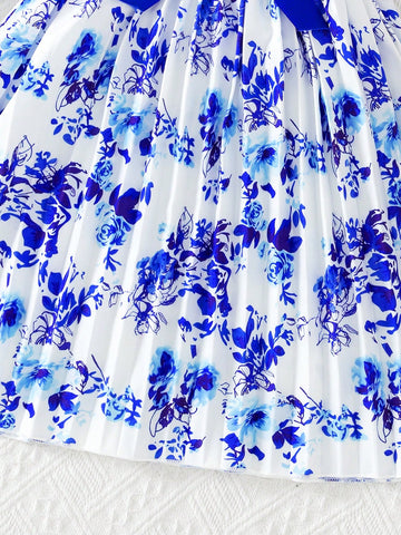 Young Girl Fashion Casual Woven Solid Color Backless Snap-Button Neck Polo Collar Top With Pleated Floral Skirt Hem And Waist Belt, Everyday/Outdoor Summer Dress