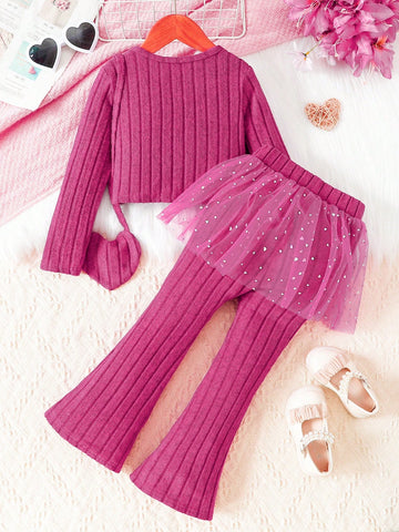 Young Girl Fashion Elegant Beaded Long Sleeve Top & Heart-Shaped Bag Decor Flared Pants Set, Spring/Autumn