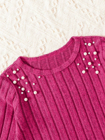 Young Girl Fashion Elegant Beaded Long Sleeve Top & Heart-Shaped Bag Decor Flared Pants Set, Spring/Autumn