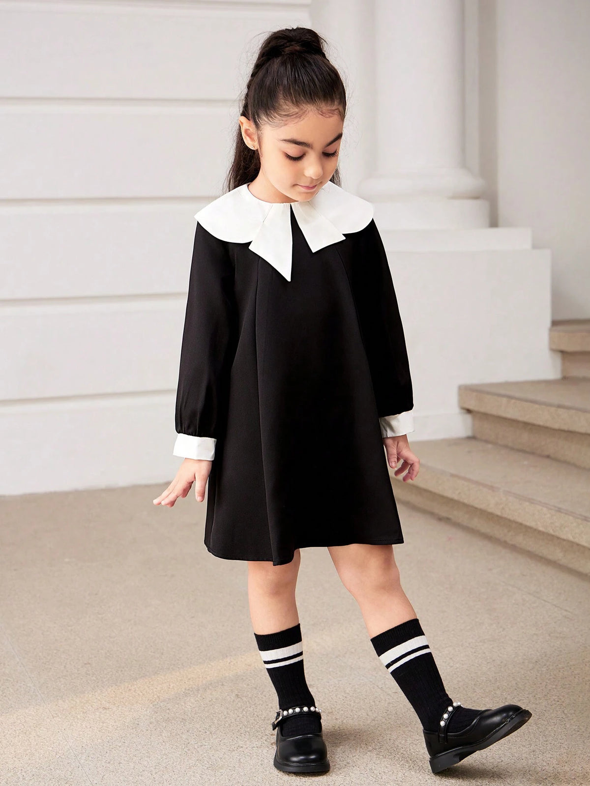 Young Girl Fashion Elegant Classic Black & White Bow-Tied Dress,Suitable For Birthday Gift, New Year Gift, Party, Outing, Vacation, Daily Wear, Fits Girls Aged 4-7
