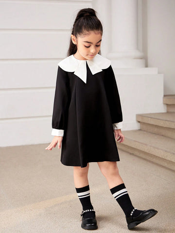 Young Girl Fashion Elegant Classic Black & White Bow-Tied Dress,Suitable For Birthday Gift, New Year Gift, Party, Outing, Vacation, Daily Wear, Fits Girls Aged 4-7