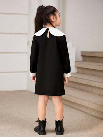 Young Girl Fashion Elegant Classic Black & White Bow-Tied Dress,Suitable For Birthday Gift, New Year Gift, Party, Outing, Vacation, Daily Wear, Fits Girls Aged 4-7