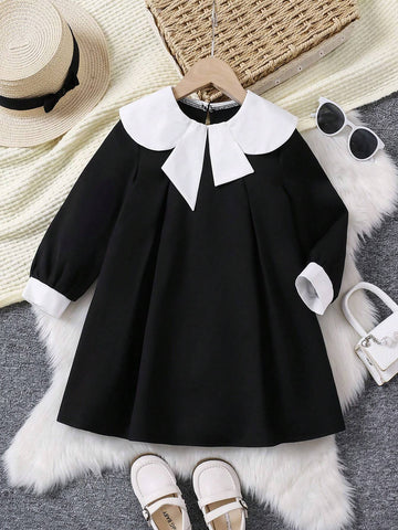 Young Girl Fashion Elegant Classic Black & White Bow-Tied Dress,Suitable For Birthday Gift, New Year Gift, Party, Outing, Vacation, Daily Wear, Fits Girls Aged 4-7