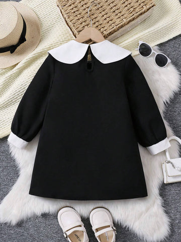 Young Girl Fashion Elegant Classic Black & White Bow-Tied Dress,Suitable For Birthday Gift, New Year Gift, Party, Outing, Vacation, Daily Wear, Fits Girls Aged 4-7