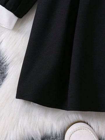 Young Girl Fashion Elegant Classic Black & White Bow-Tied Dress,Suitable For Birthday Gift, New Year Gift, Party, Outing, Vacation, Daily Wear, Fits Girls Aged 4-7