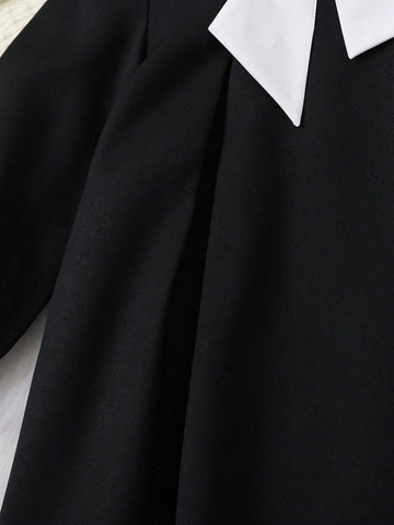 Young Girl Fashion Elegant Classic Black & White Bow-Tied Dress,Suitable For Birthday Gift, New Year Gift, Party, Outing, Vacation, Daily Wear, Fits Girls Aged 4-7