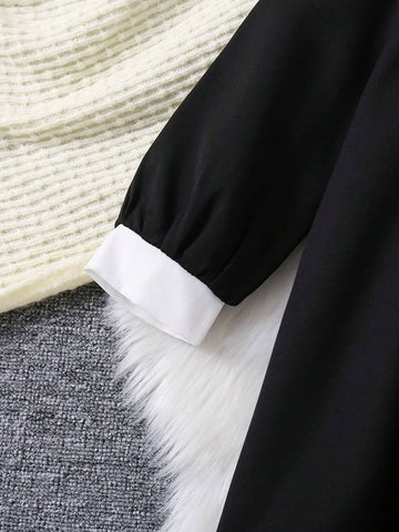 Young Girl Fashion Elegant Classic Black & White Bow-Tied Dress,Suitable For Birthday Gift, New Year Gift, Party, Outing, Vacation, Daily Wear, Fits Girls Aged 4-7