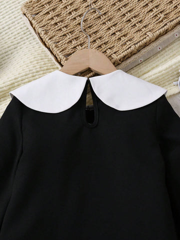 Young Girl Fashion Elegant Classic Black & White Bow-Tied Dress,Suitable For Birthday Gift, New Year Gift, Party, Outing, Vacation, Daily Wear, Fits Girls Aged 4-7