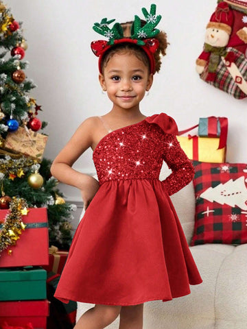 Young Girl Fashion Elegant Cute Sequin Patchwork Satin Dress For Party