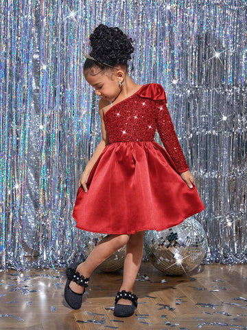 Young Girl Fashion Elegant Cute Sequin Patchwork Satin Dress For Party