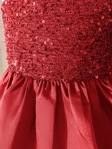 Young Girl Fashion Elegant Cute Sequin Patchwork Satin Dress For Party