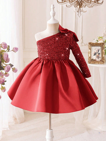 Young Girl Fashion Elegant Cute Sequin Patchwork Satin Dress For Party