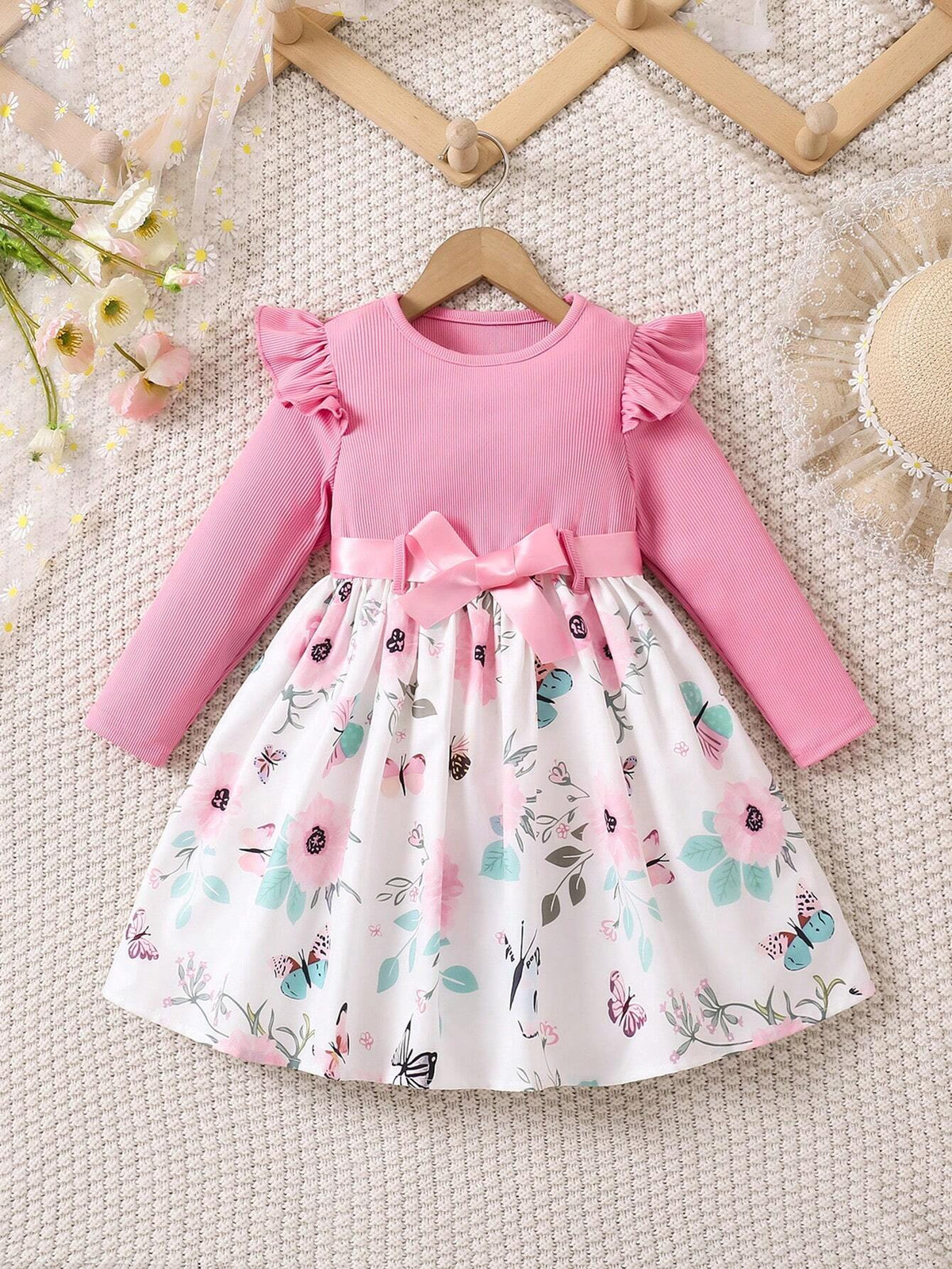 Young Girl Fashion Floral Print Ruffle Long Sleeve Dress With Bow Belt For Spring And Autumn